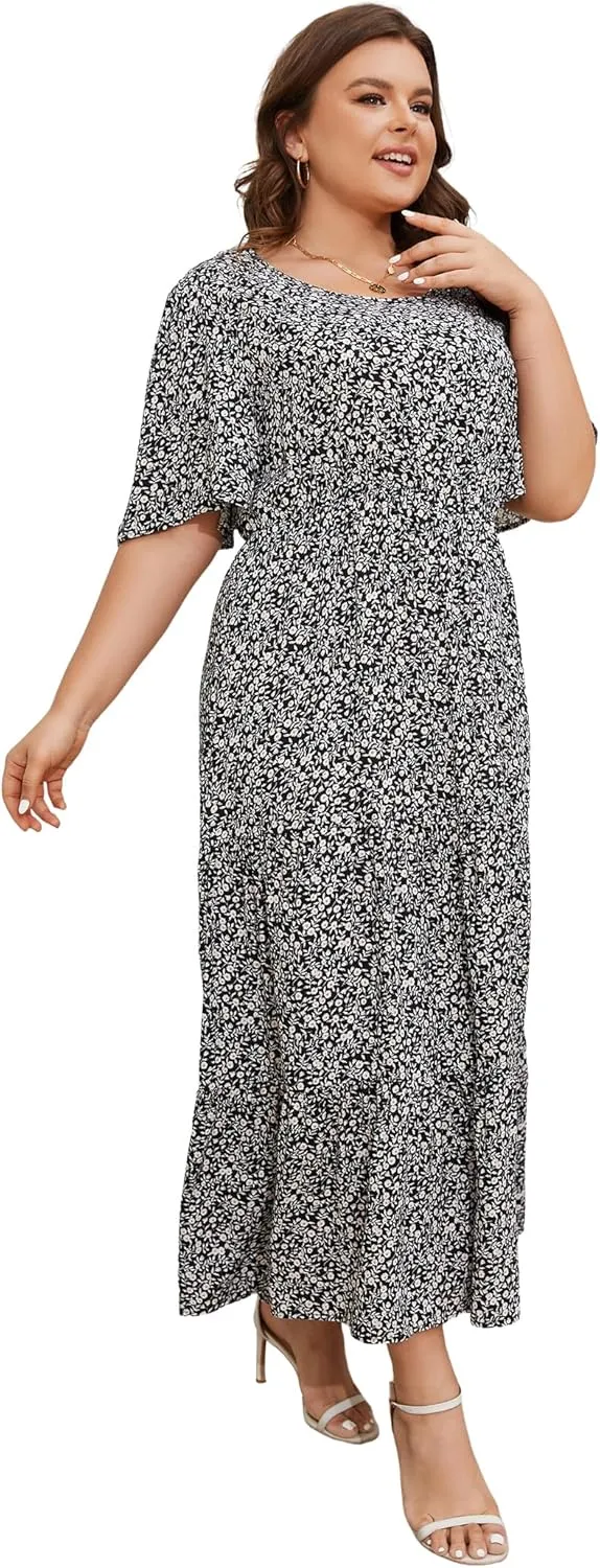 ANOTHER CHOICE Plus Size Dress for Women Floral Short Sleeve Maxi Dress Casual Modest Boho Floral Dresses