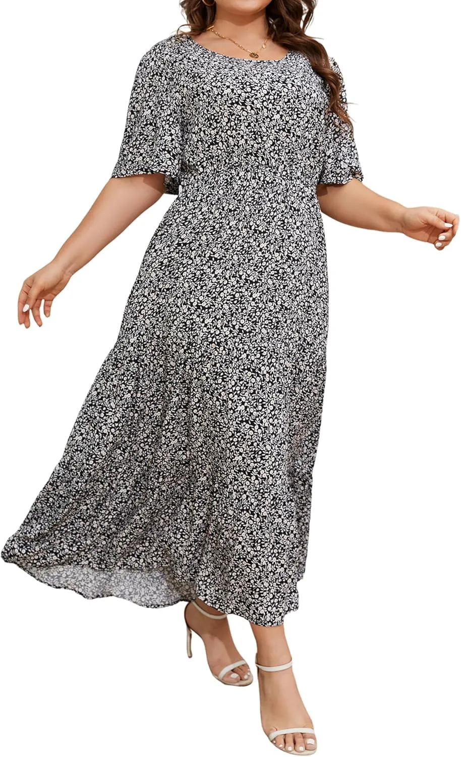ANOTHER CHOICE Plus Size Dress for Women Floral Short Sleeve Maxi Dress Casual Modest Boho Floral Dresses