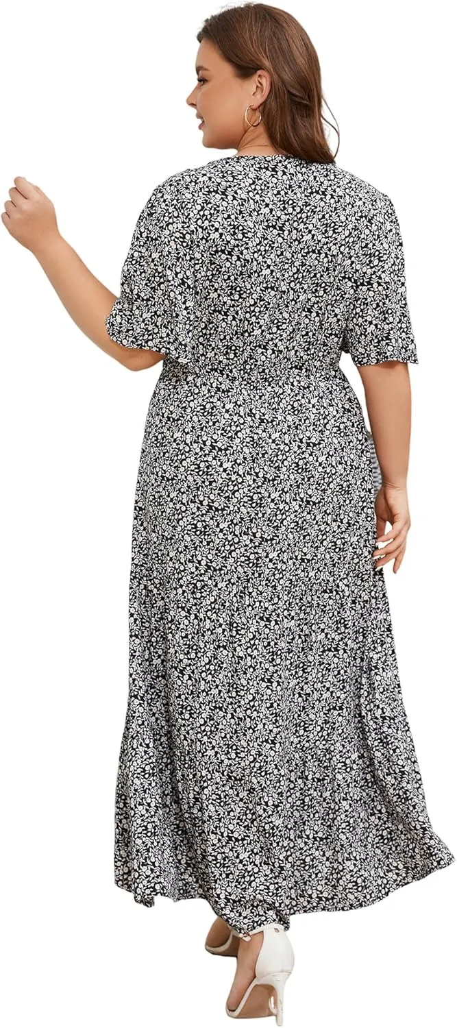 ANOTHER CHOICE Plus Size Dress for Women Floral Short Sleeve Maxi Dress Casual Modest Boho Floral Dresses