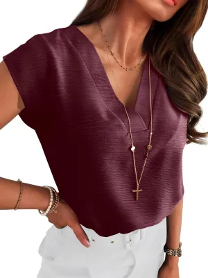 ANRABESS Women Tops Cap Sleeve Textured Dressy Casual V Neck Shirts 2025 Summer Business Work Blouses Outfits