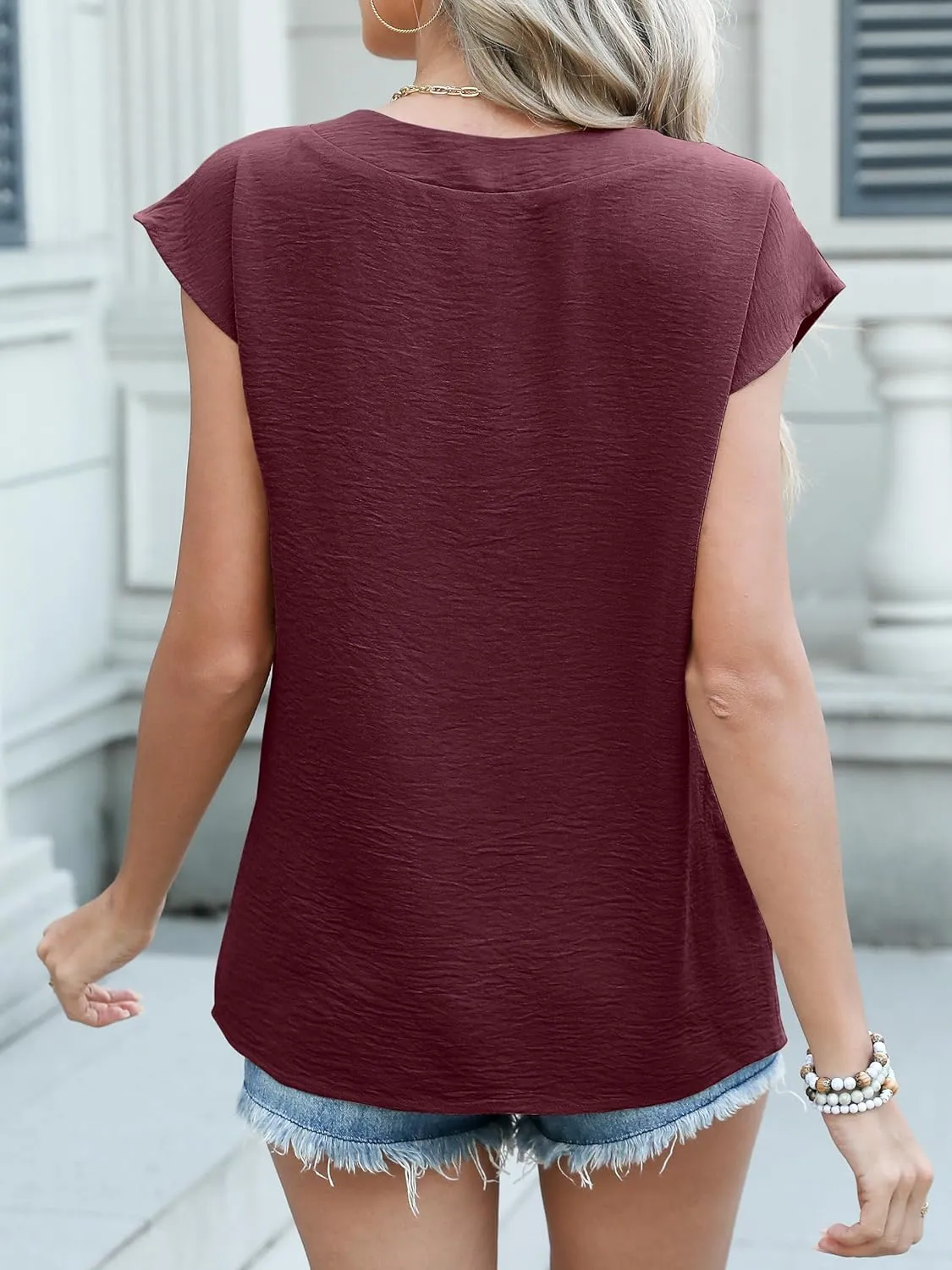 ANRABESS Women Tops Cap Sleeve Textured Dressy Casual V Neck Shirts 2025 Summer Business Work Blouses Outfits
