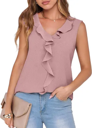 ANRABESS Womens Summer Tank Tops V Neck Sleeveless Ruffle Business Texture Shirts 2025 Ladies Casual Dressy Blouses Outfits