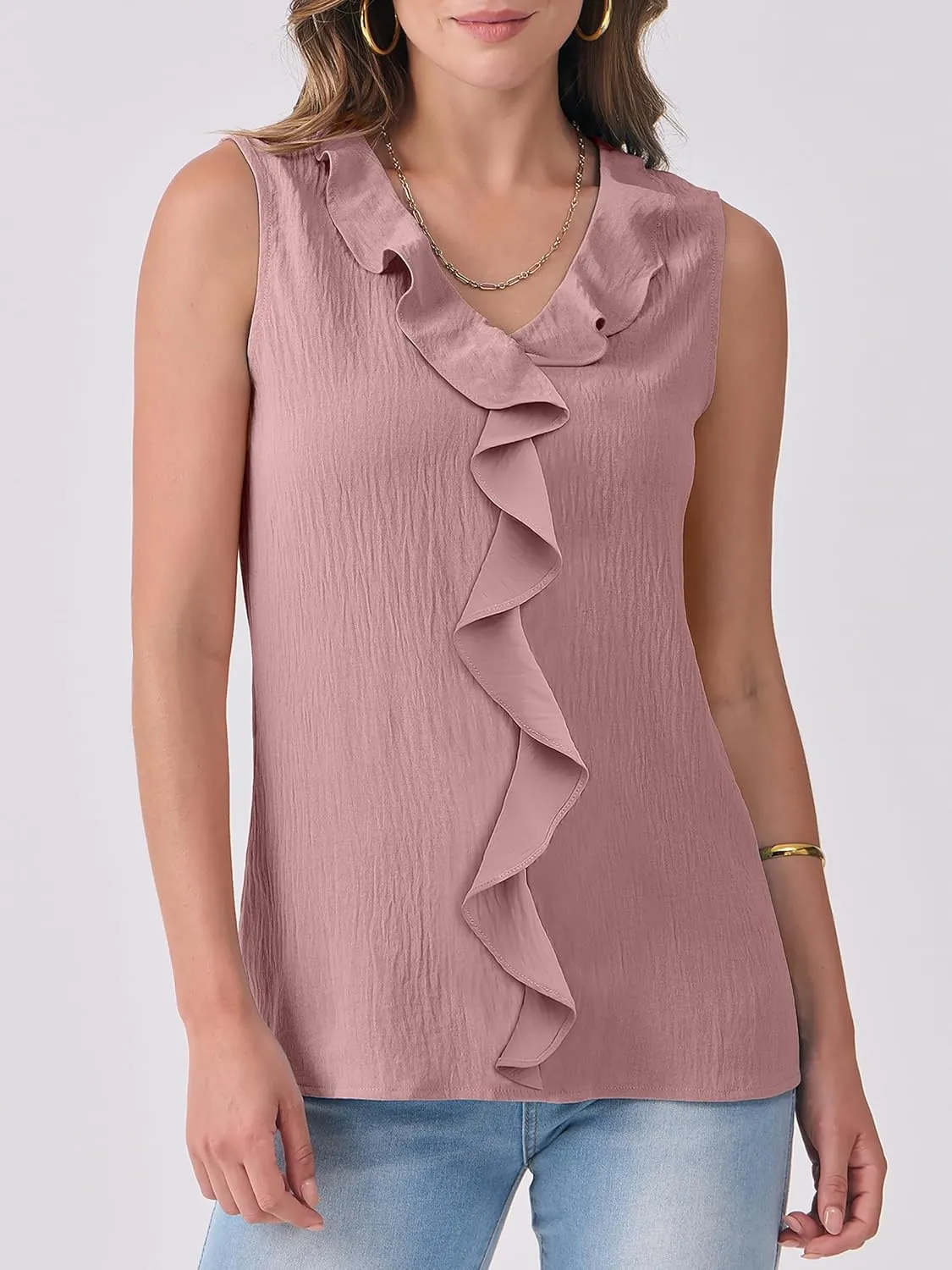 ANRABESS Womens Summer Tank Tops V Neck Sleeveless Ruffle Business Texture Shirts 2025 Ladies Casual Dressy Blouses Outfits