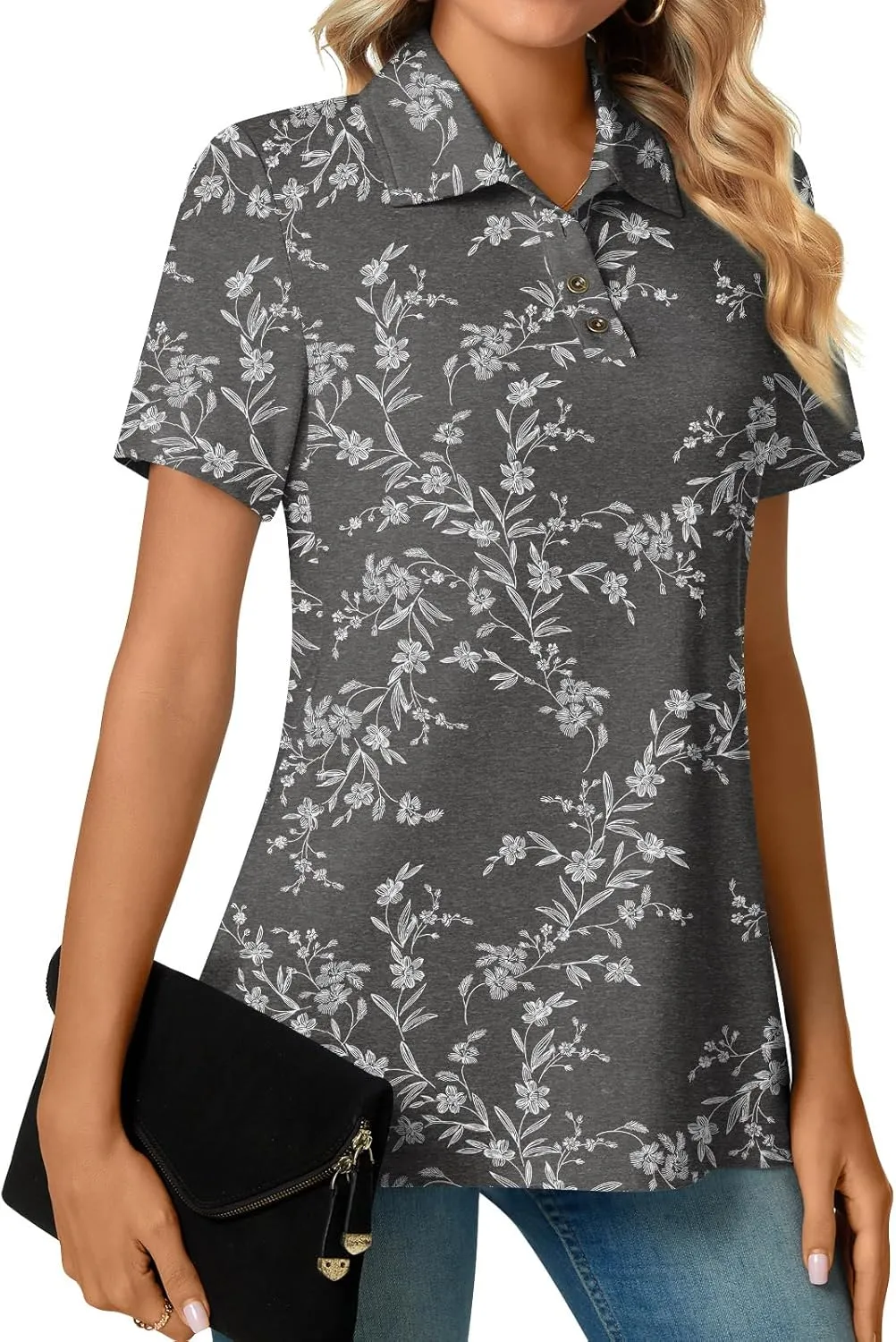Aodemo Women's Summer Polo Shirts Dressy Button Up Collared Tunic Short Sleeve Work Tops V Neck Loose Blouses