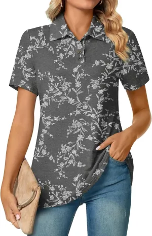 Aodemo Women's Summer Polo Shirts Dressy Button Up Collared Tunic Short Sleeve Work Tops V Neck Loose Blouses
