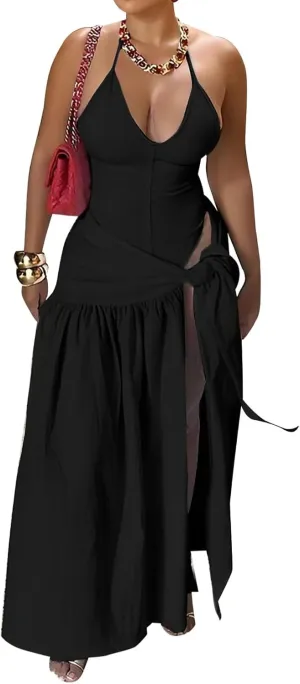 Aro Lora Womens Sexy 2 Piece Outfit Sleeveless Halter Neck Bodysuit and Self Tie Slit Maxi Skirt
