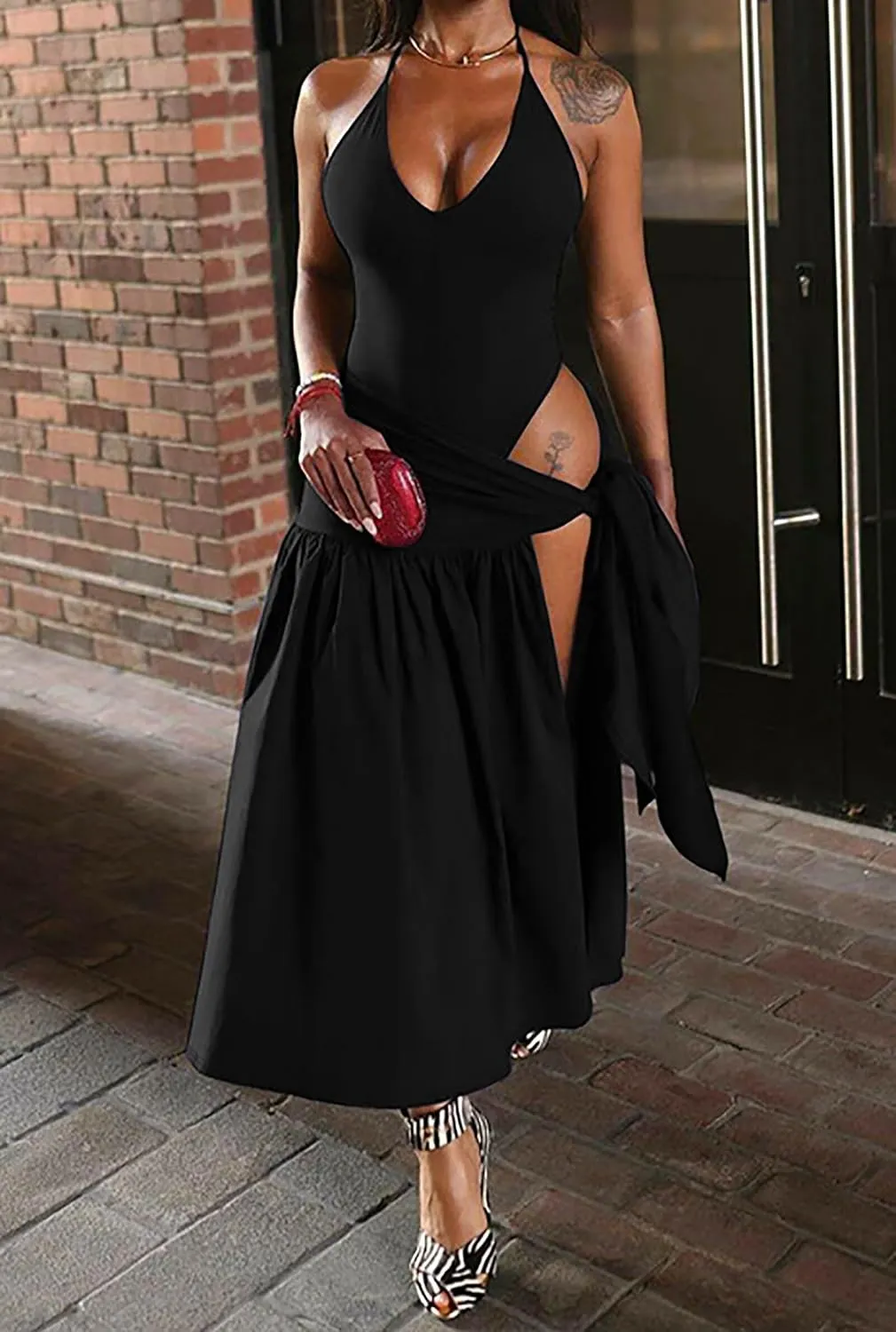 Aro Lora Womens Sexy 2 Piece Outfit Sleeveless Halter Neck Bodysuit and Self Tie Slit Maxi Skirt