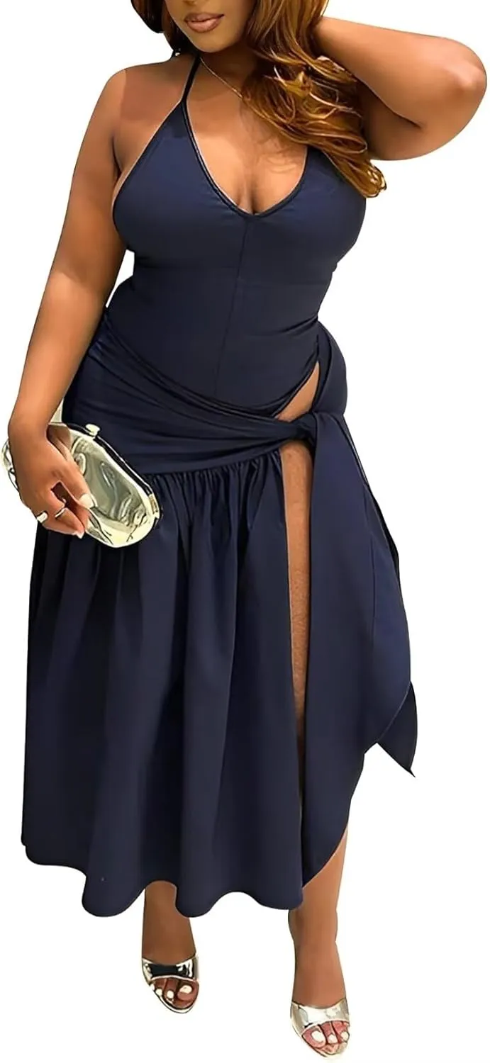 Aro Lora Womens Sexy 2 Piece Outfit Sleeveless Halter Neck Bodysuit and Self Tie Slit Maxi Skirt