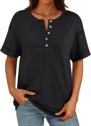 AUTOMET Womens Short Sleeve Henley Shirts Summer Dressy Casual Flowy Tops Loose Fit Basic Trendy Fashion Blouses 2025