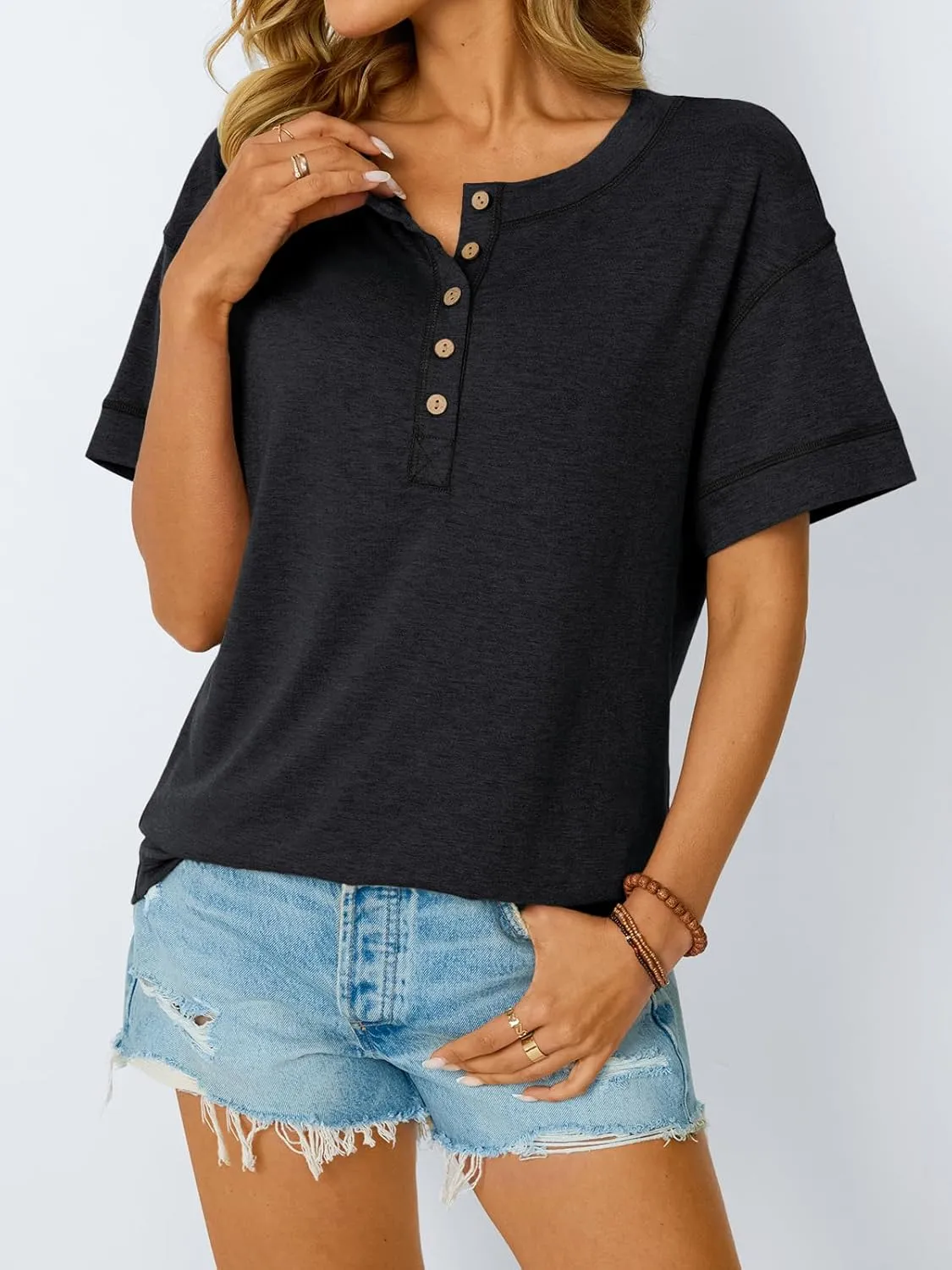 AUTOMET Womens Short Sleeve Henley Shirts Summer Dressy Casual Flowy Tops Loose Fit Basic Trendy Fashion Blouses 2025
