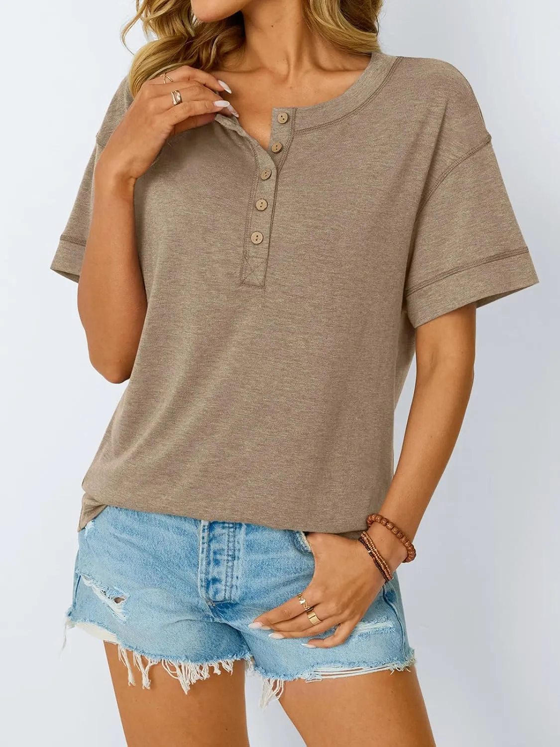 AUTOMET Womens Short Sleeve Henley Shirts Summer Dressy Casual Flowy Tops Loose Fit Basic Trendy Fashion Blouses 2025