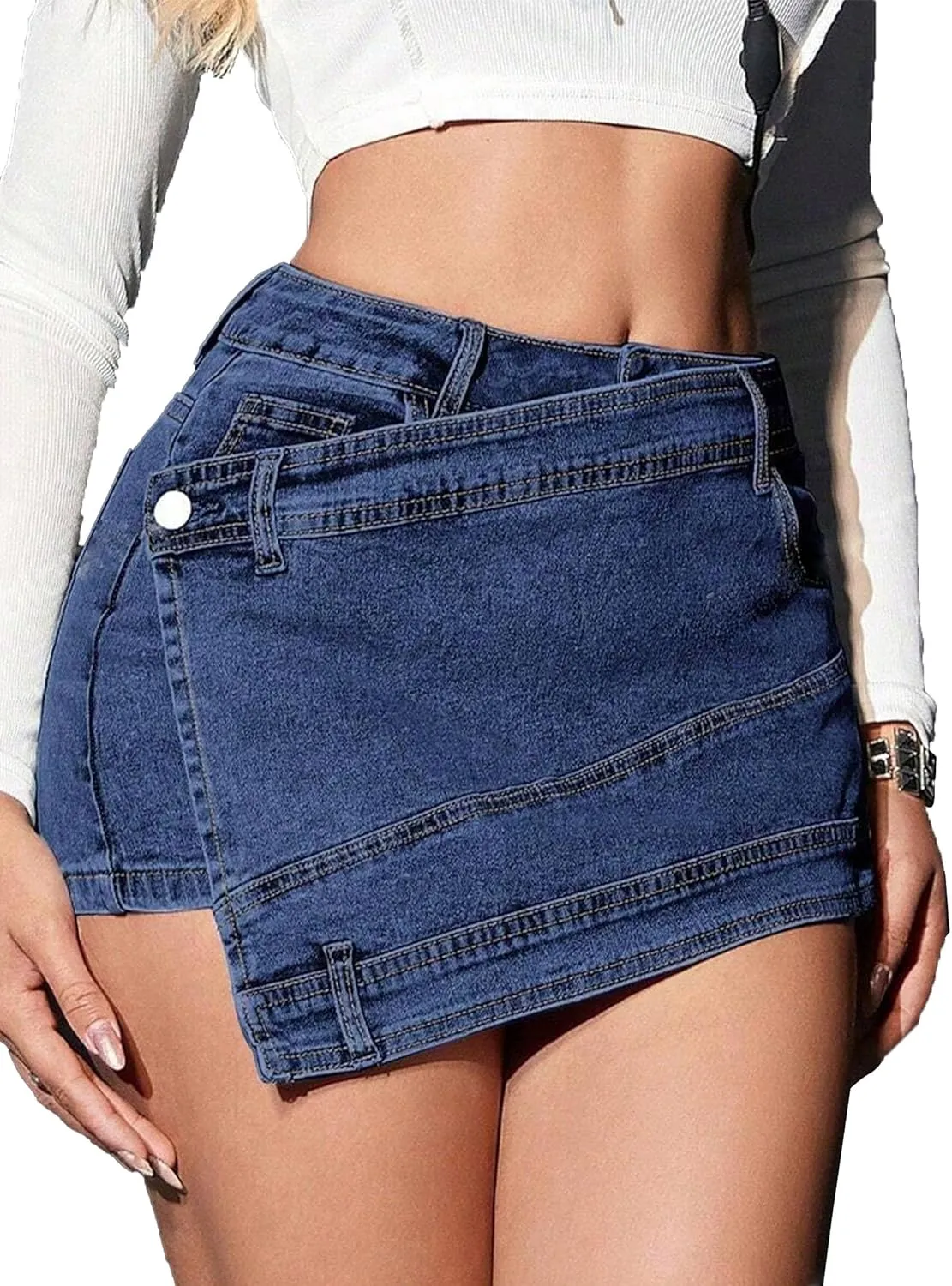 Avanova Women Jean Denim Skort Sexy High Waisted Asymmetrical Short Mini Skirt