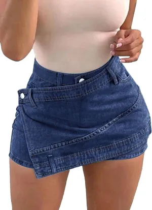 Avanova Women Jean Denim Skort Sexy High Waisted Asymmetrical Short Mini Skirt