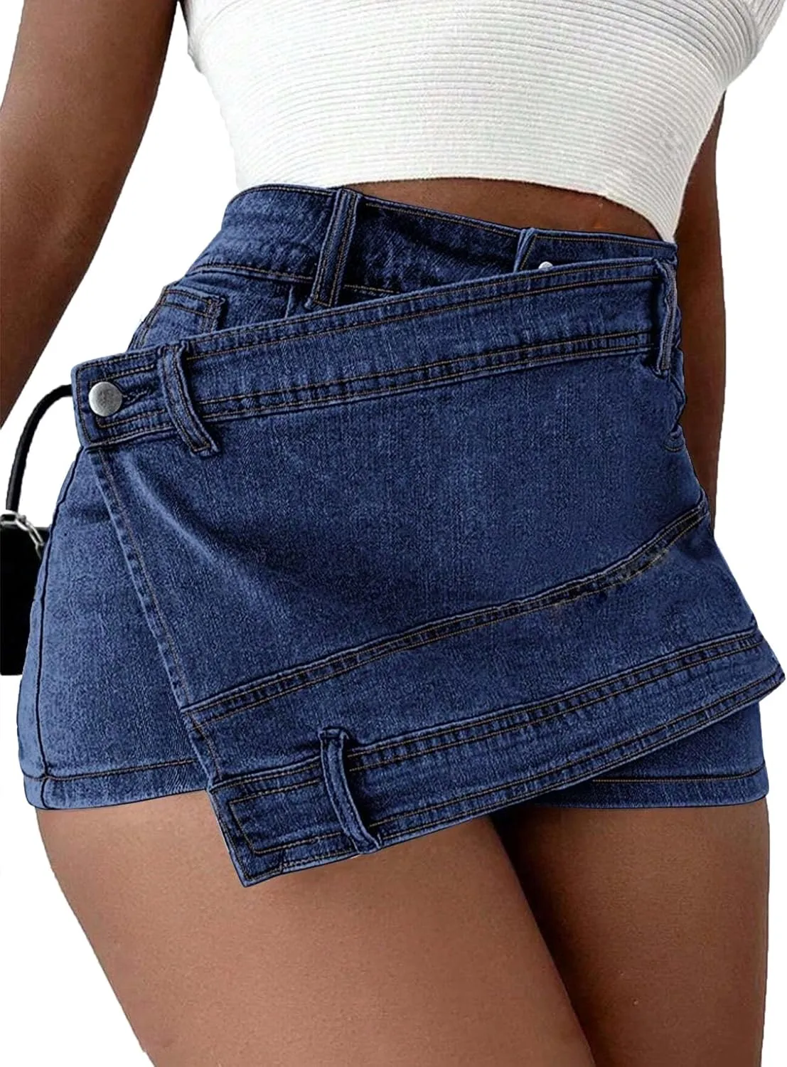 Avanova Women Jean Denim Skort Sexy High Waisted Asymmetrical Short Mini Skirt