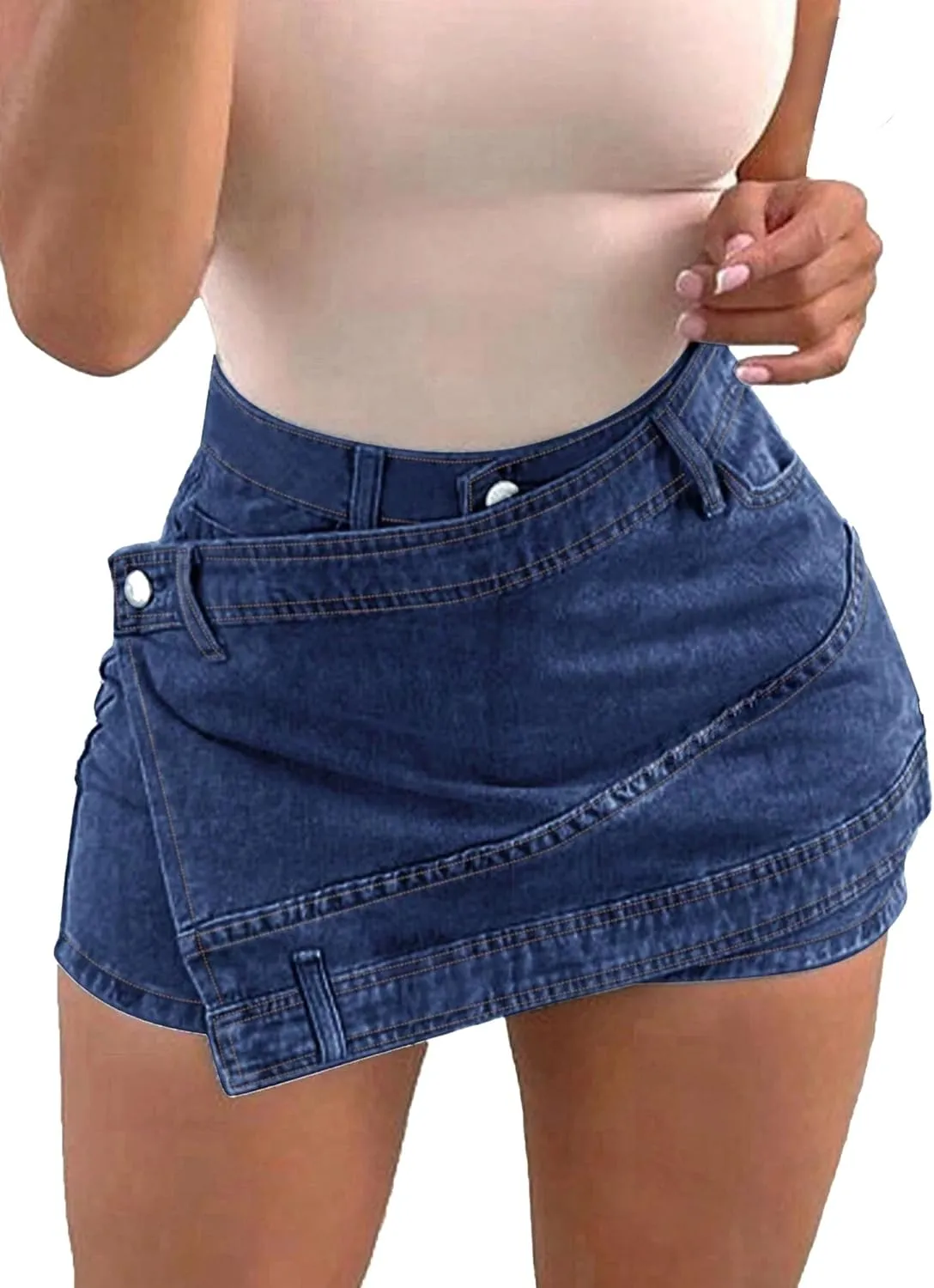 Avanova Women Jean Denim Skort Sexy High Waisted Asymmetrical Short Mini Skirt
