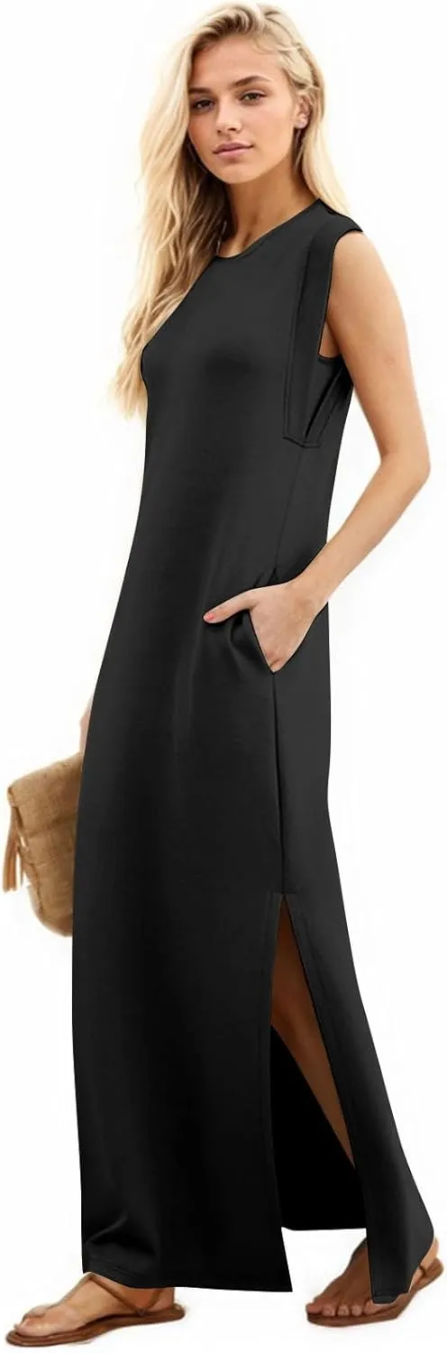 BAXLIMEK Maxi Dresses for Women,2025 Spring Summer Casual Loose Crewneck Cap Sleeve Sundress,Trendy Slit Flowy Beach Dress