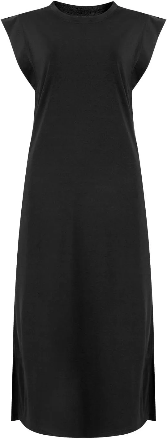 BAXLIMEK Maxi Dresses for Women,2025 Spring Summer Casual Loose Crewneck Cap Sleeve Sundress,Trendy Slit Flowy Beach Dress