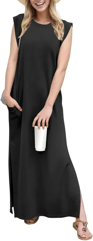 BAXLIMEK Maxi Dresses for Women,2025 Spring Summer Casual Loose Crewneck Cap Sleeve Sundress,Trendy Slit Flowy Beach Dress