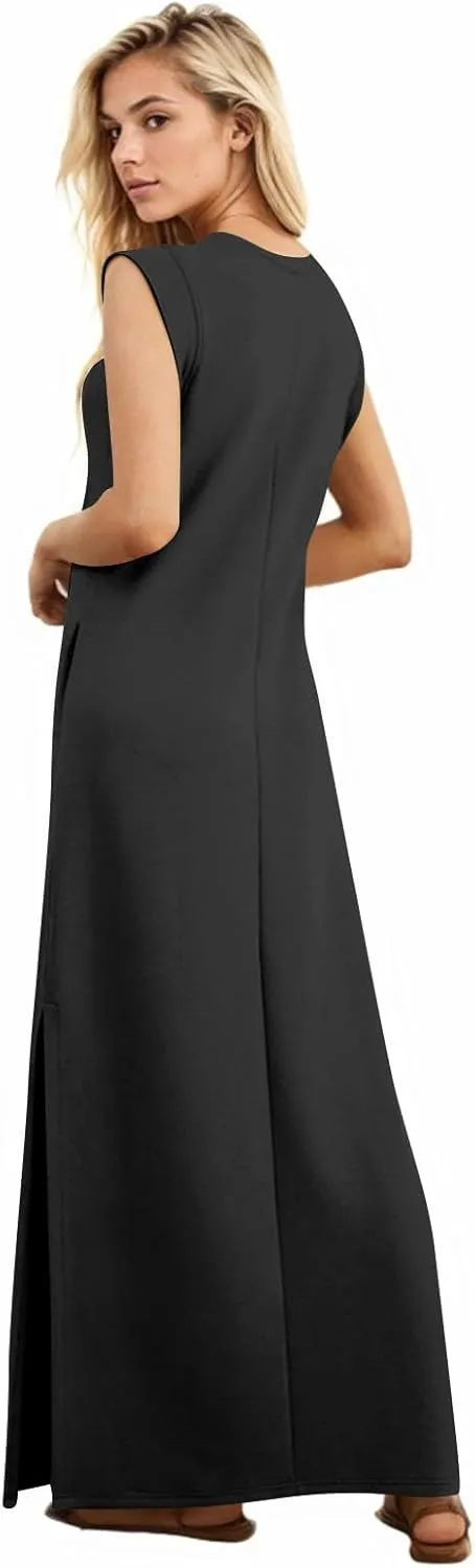 BAXLIMEK Maxi Dresses for Women,2025 Spring Summer Casual Loose Crewneck Cap Sleeve Sundress,Trendy Slit Flowy Beach Dress