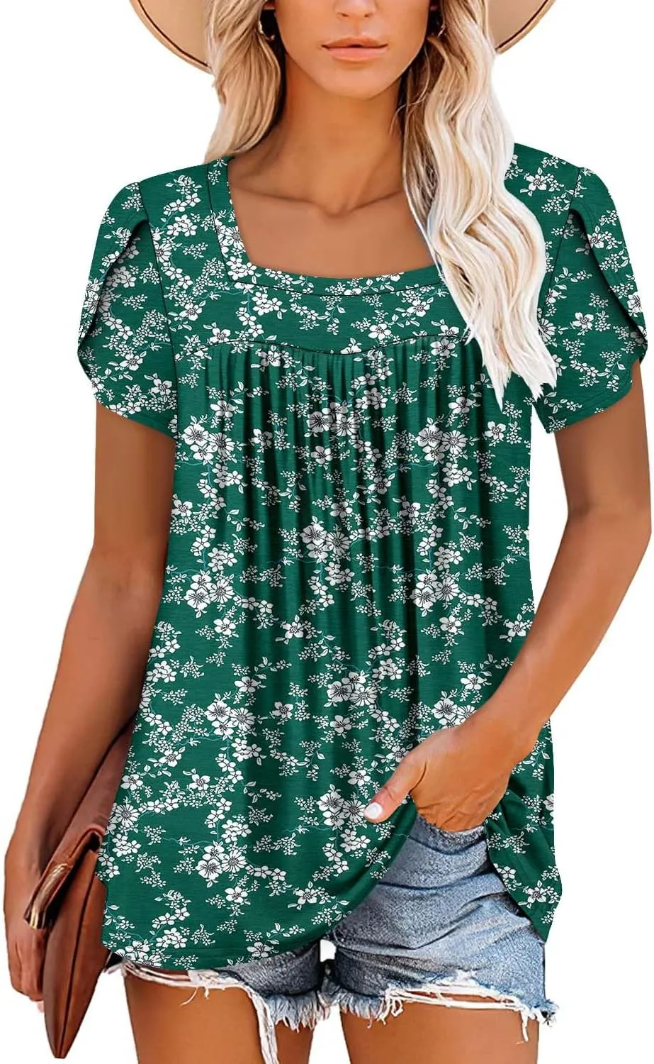 BETTE BOUTIK Womens Summer Tops Short Sleeve Pleated Square Neck Tunics Shirts Blouses S-3XL