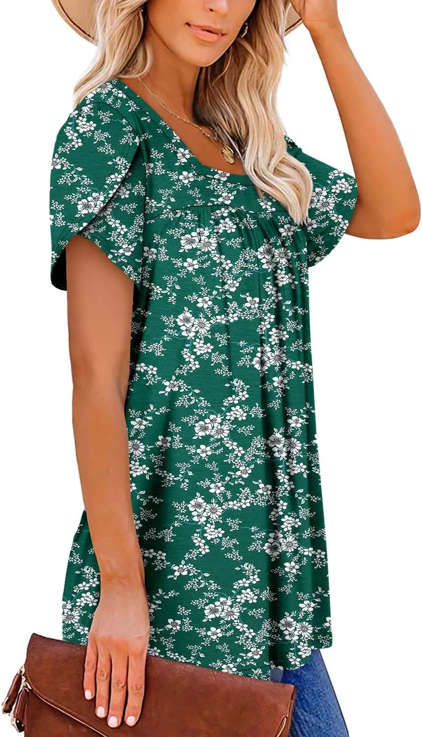 BETTE BOUTIK Womens Summer Tops Short Sleeve Pleated Square Neck Tunics Shirts Blouses S-3XL