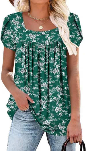 BETTE BOUTIK Womens Summer Tops Short Sleeve Pleated Square Neck Tunics Shirts Blouses S-3XL