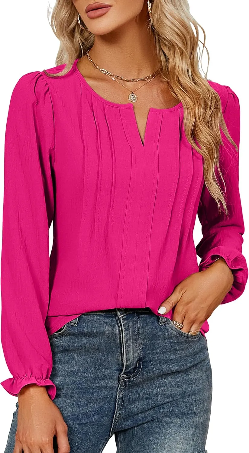 Blooming Jelly Womens Tops Dressy Casual Long Sleeve Shirts V Neck Chiffon Blouses Fall Clothes 2024