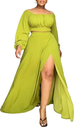 Bluewolfsea Women Sexy 2 Piece Outfits Long Sleeve Off Shoulder Crop Top Slit Maxi Skirt Set Two Piece Maxi Dress