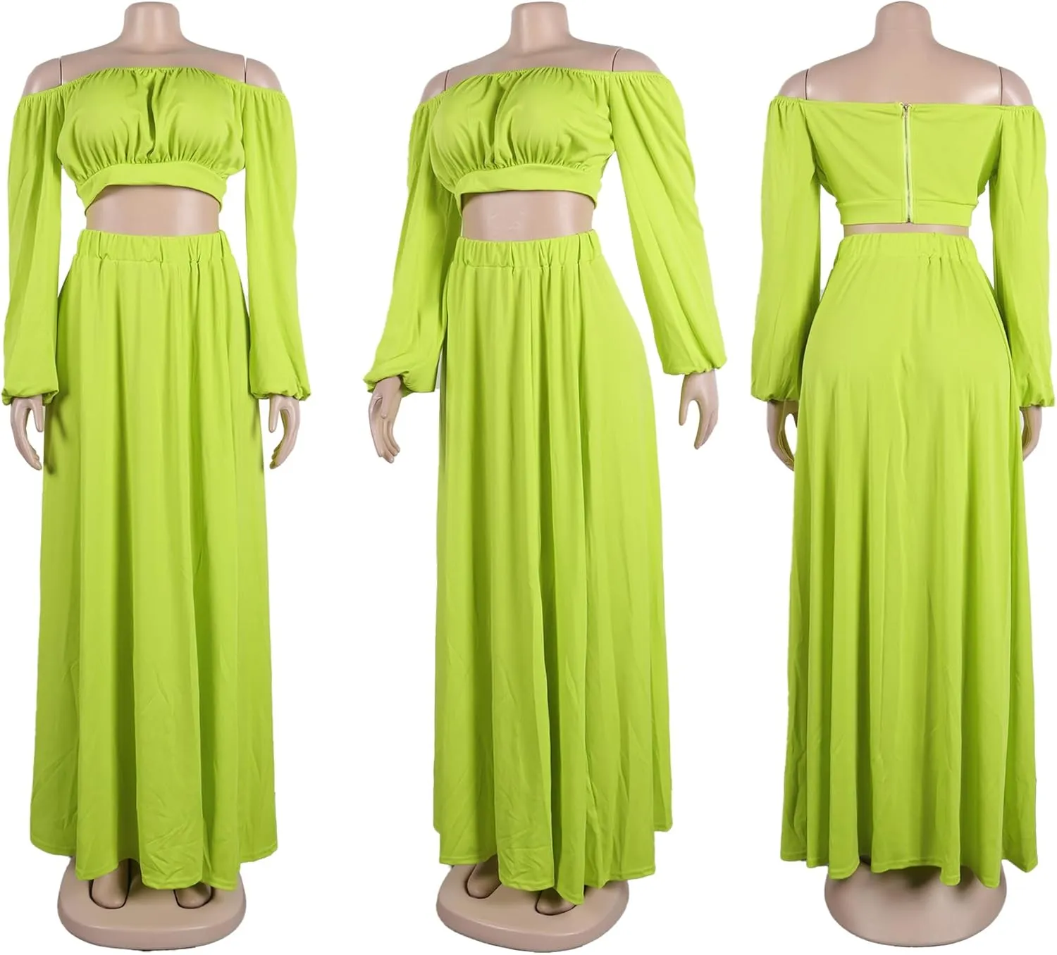 Bluewolfsea Women Sexy 2 Piece Outfits Long Sleeve Off Shoulder Crop Top Slit Maxi Skirt Set Two Piece Maxi Dress