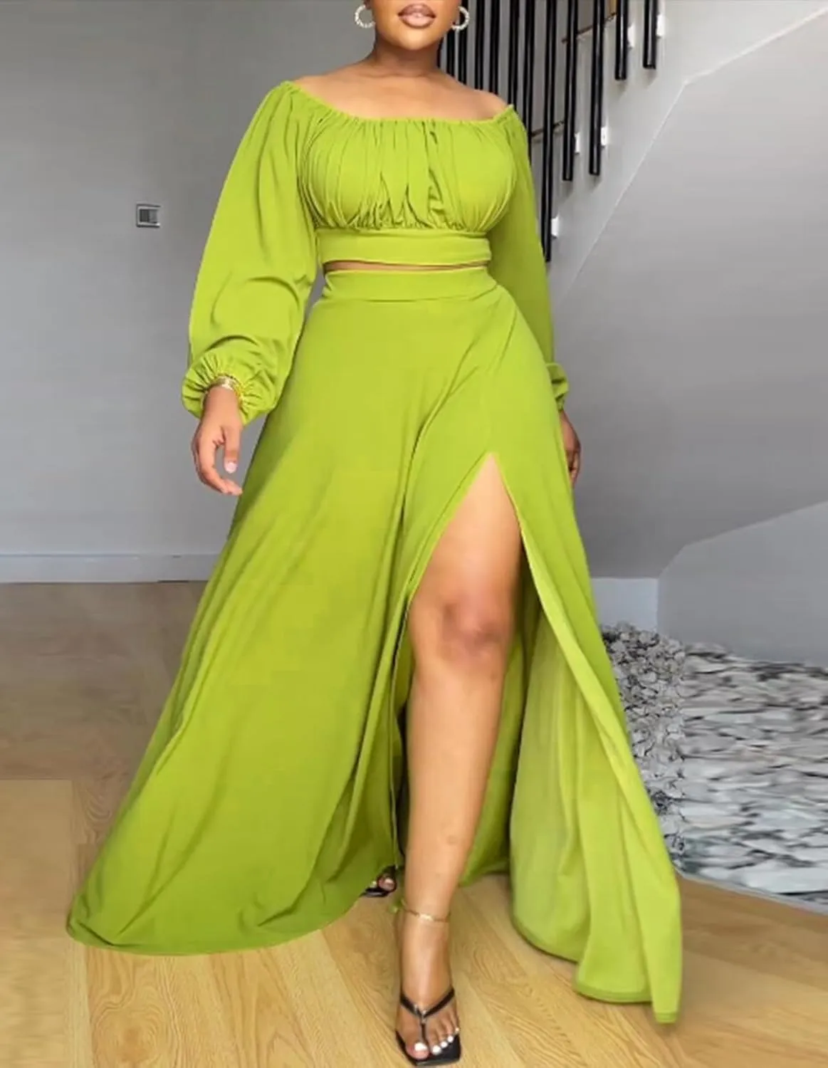 Bluewolfsea Women Sexy 2 Piece Outfits Long Sleeve Off Shoulder Crop Top Slit Maxi Skirt Set Two Piece Maxi Dress