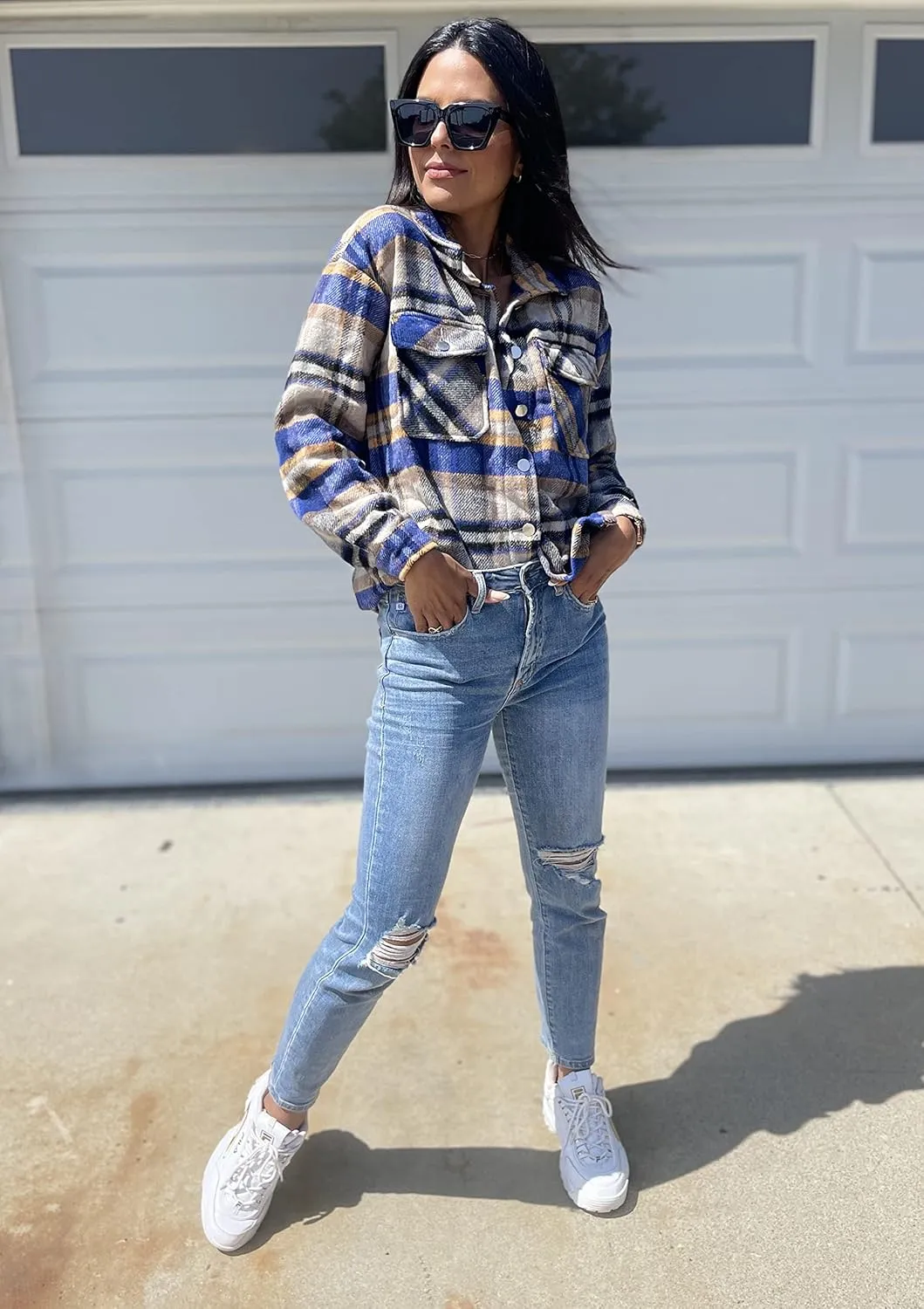 BTFBM Womens Plaid Jacket Long Sleeve Button Down Casual Flannel Shacket Shirts Loose Fall Spring Blouses Tops 2025