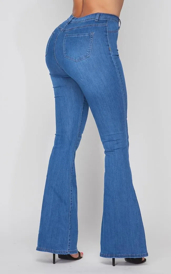 Button Fly Bell Bottom Stretchy Jeans - Medium Denim