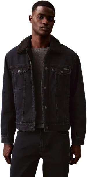 Calvin Klein Men's Sherpa Denim Trucker Jacket - 40EM793 (Blue Black Stone, XL)