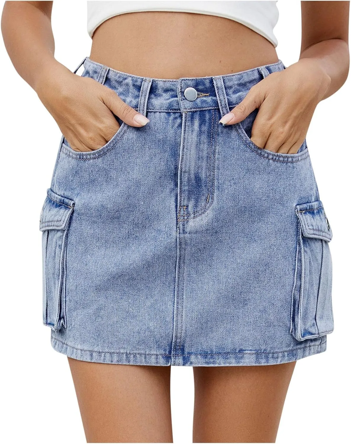 Cargo Skirt for Women Low Waist Y2k Mini Denim Skirt Cute Casual Jean Skirts Button Down Streetwear with Pockets