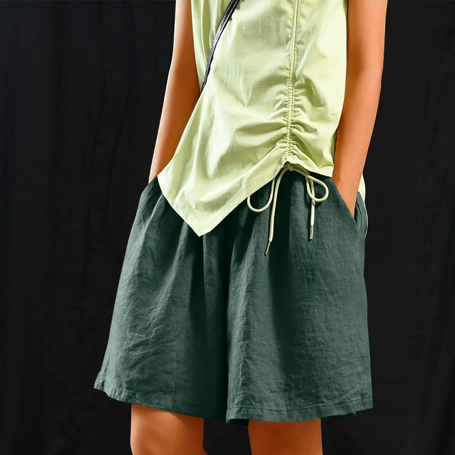 Casual Shorts for Women Dressy Drawstring High Waist Wide Leg 2025 Summer Beach Ruffle Solid Color Outfits with 2 Pockets