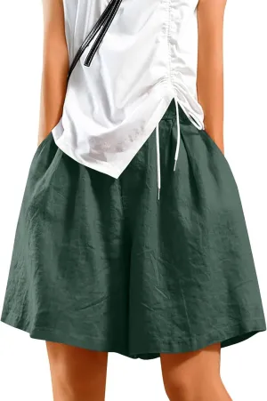 Casual Shorts for Women Dressy Drawstring High Waist Wide Leg 2025 Summer Beach Ruffle Solid Color Outfits with 2 Pockets
