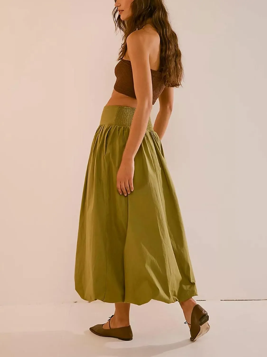 CHARTOU Flowy Long Bubble Skirts for Women Boho Cargo Balloon Skirt Elastic Waist Ruffle Pleated Midi Skirt