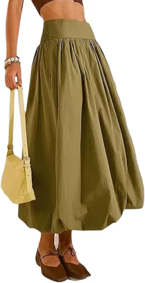 CHARTOU Flowy Long Bubble Skirts for Women Boho Cargo Balloon Skirt Elastic Waist Ruffle Pleated Midi Skirt