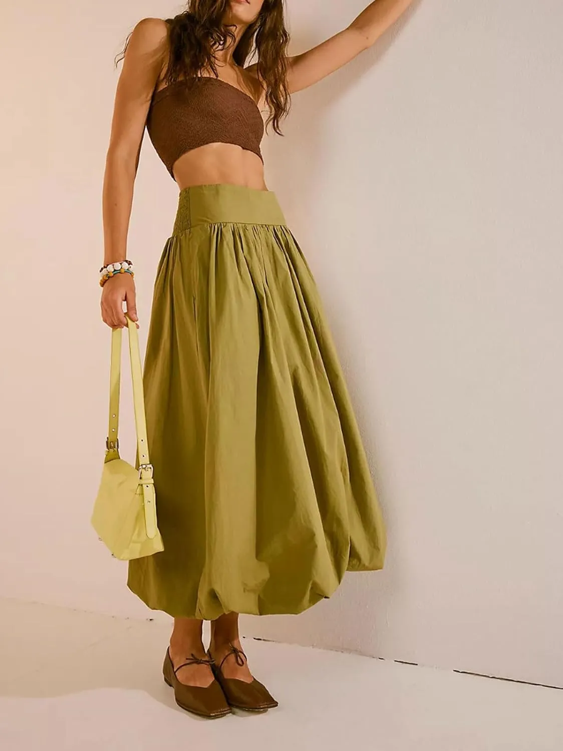 CHARTOU Flowy Long Bubble Skirts for Women Boho Cargo Balloon Skirt Elastic Waist Ruffle Pleated Midi Skirt