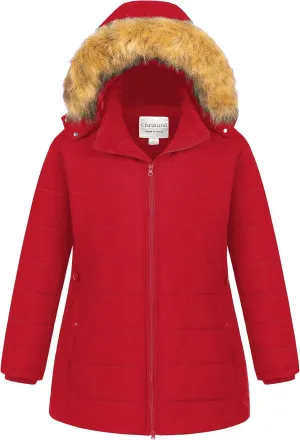 Chrisuno Women's Plus Size Winter Puffer Jacket Warm Long Winter Coats Quilted Waterproof Fleece Lined Detachable Fur Hood