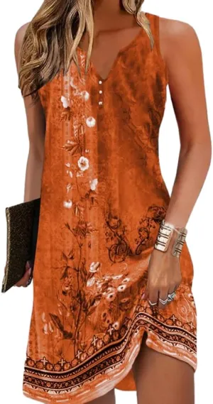 Chvity Womens Boho Dress Summer V Neck Sleeveless Dresses Ethnic Floral Print Sundress Mini Dress