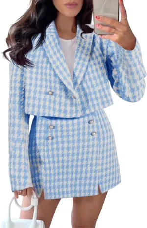 Cicy Bell Womens Cropped Tweed Blazer Sets 2 Piece Outfits and Mini Skirt Sets Business Casual Suits