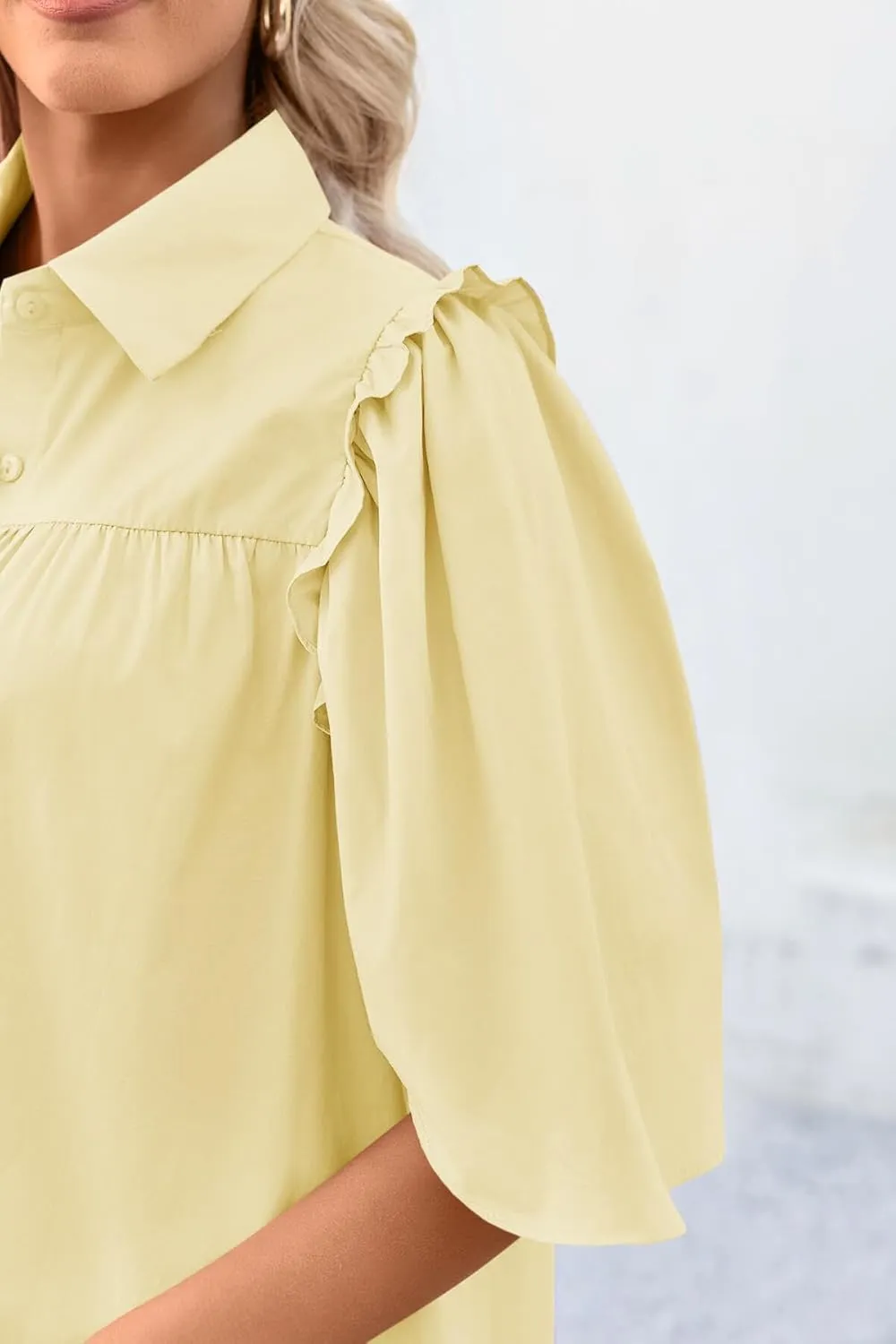 Cicy Bell Womens Summer Button Down Shirts Short Ruffle Puff Sleeve Cotton Blouses Dressy Casual Ladies Tops