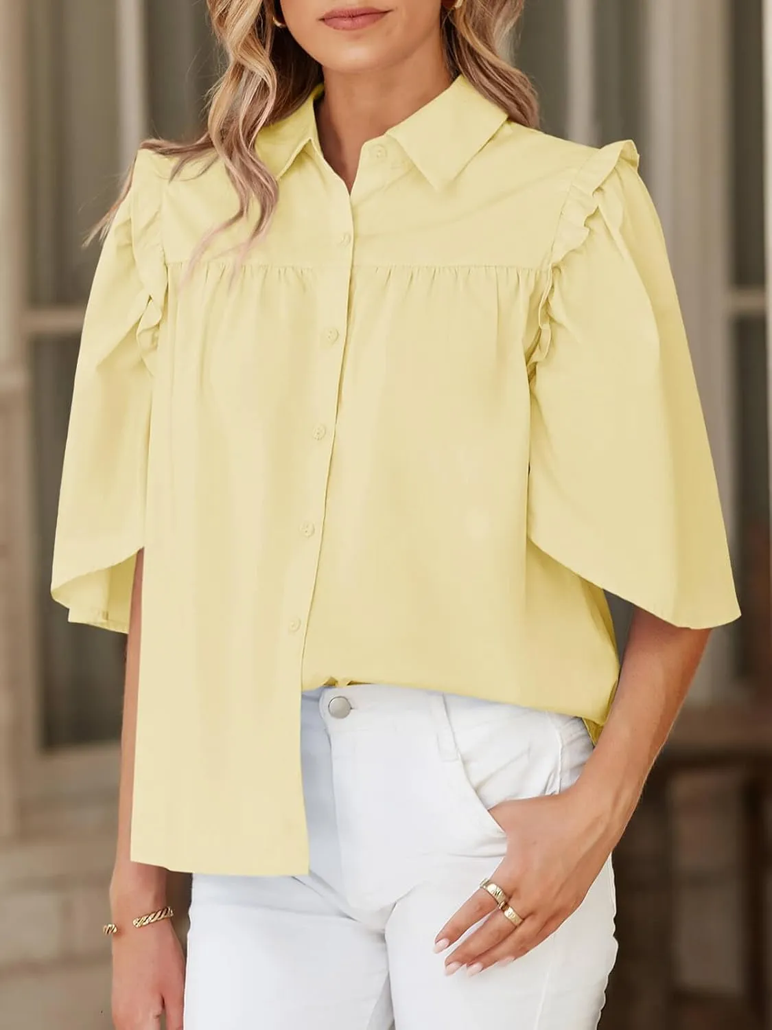 Cicy Bell Womens Summer Button Down Shirts Short Ruffle Puff Sleeve Cotton Blouses Dressy Casual Ladies Tops