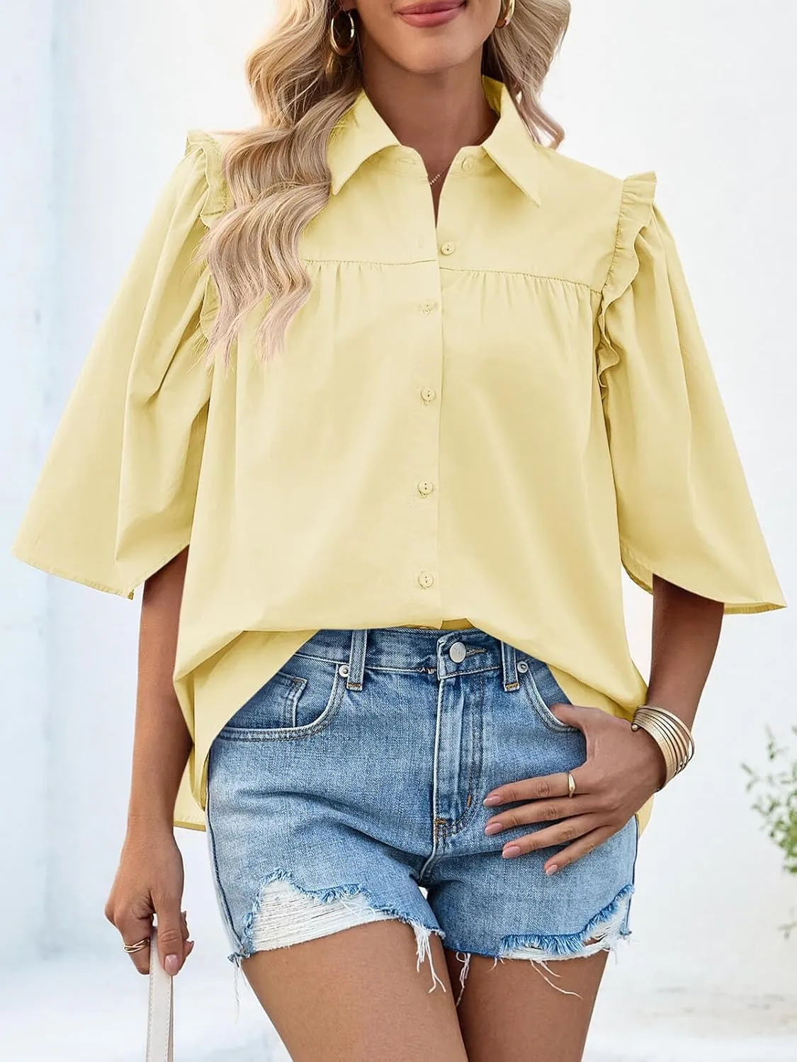 Cicy Bell Womens Summer Button Down Shirts Short Ruffle Puff Sleeve Cotton Blouses Dressy Casual Ladies Tops