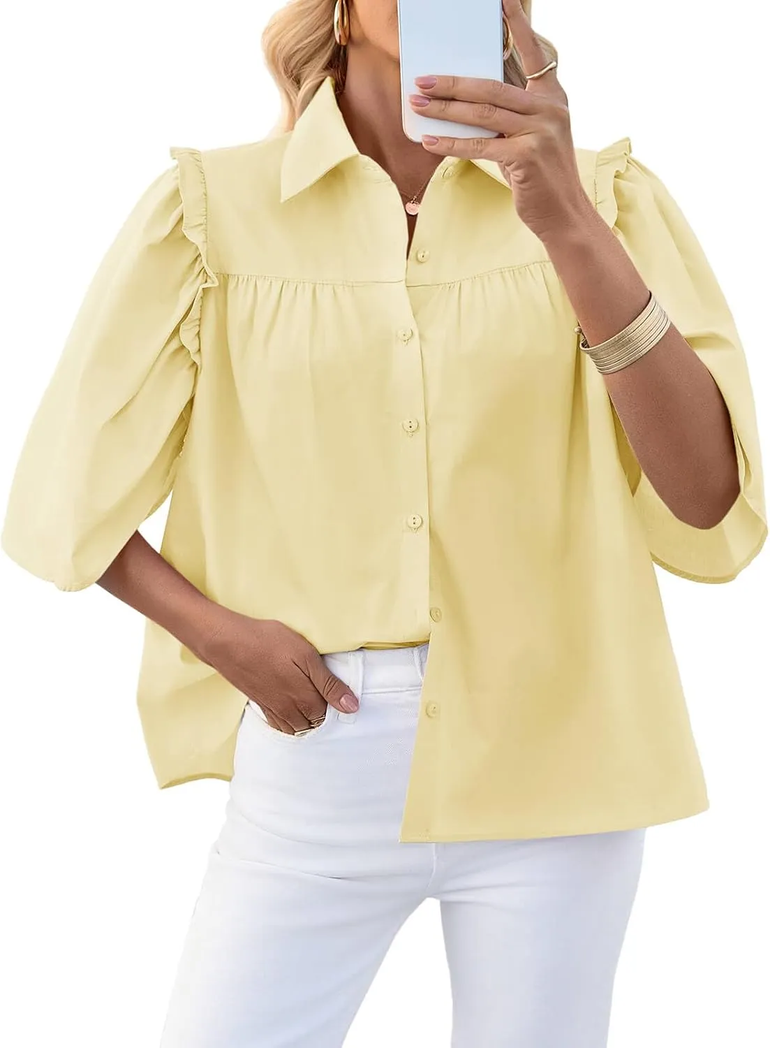 Cicy Bell Womens Summer Button Down Shirts Short Ruffle Puff Sleeve Cotton Blouses Dressy Casual Ladies Tops