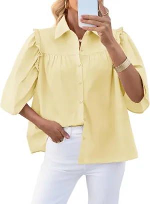 Cicy Bell Womens Summer Button Down Shirts Short Ruffle Puff Sleeve Cotton Blouses Dressy Casual Ladies Tops