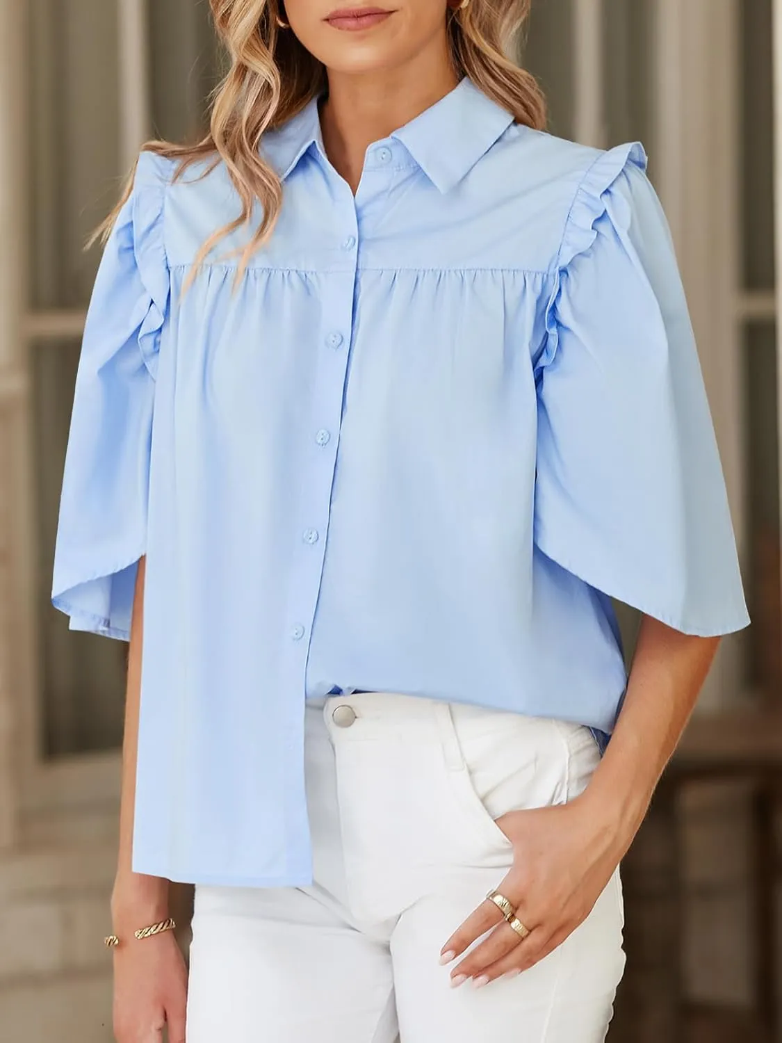 Cicy Bell Womens Summer Button Down Shirts Short Ruffle Puff Sleeve Cotton Blouses Dressy Casual Ladies Tops