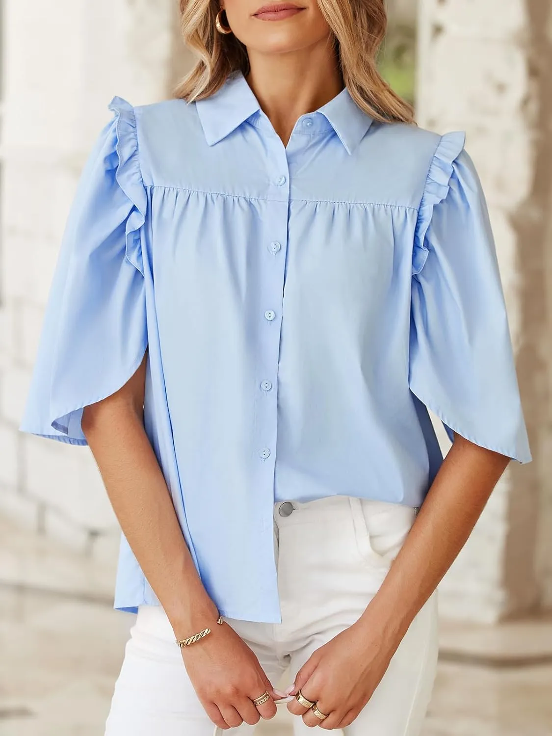 Cicy Bell Womens Summer Button Down Shirts Short Ruffle Puff Sleeve Cotton Blouses Dressy Casual Ladies Tops