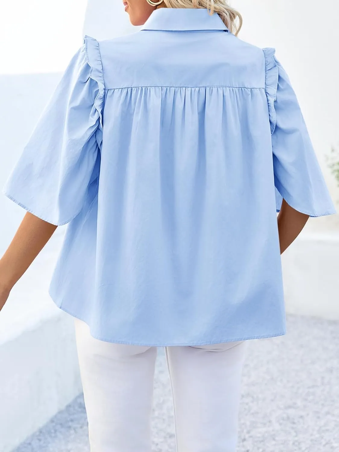 Cicy Bell Womens Summer Button Down Shirts Short Ruffle Puff Sleeve Cotton Blouses Dressy Casual Ladies Tops